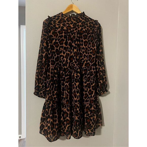 J Crew Women’s Size XS Tie Neck Tiered Dress Brown Leopard Print Long Sleeve - Picture 12 of 14